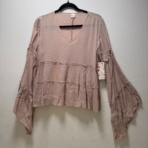 Wild Pearl Pink Ruffled Bell Sleeve Blouse